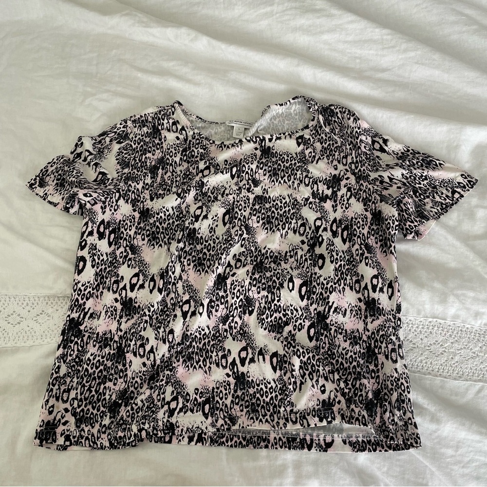 ST. JOHN SPORT Large Short Sleeve top leopard pink brown white stretchy